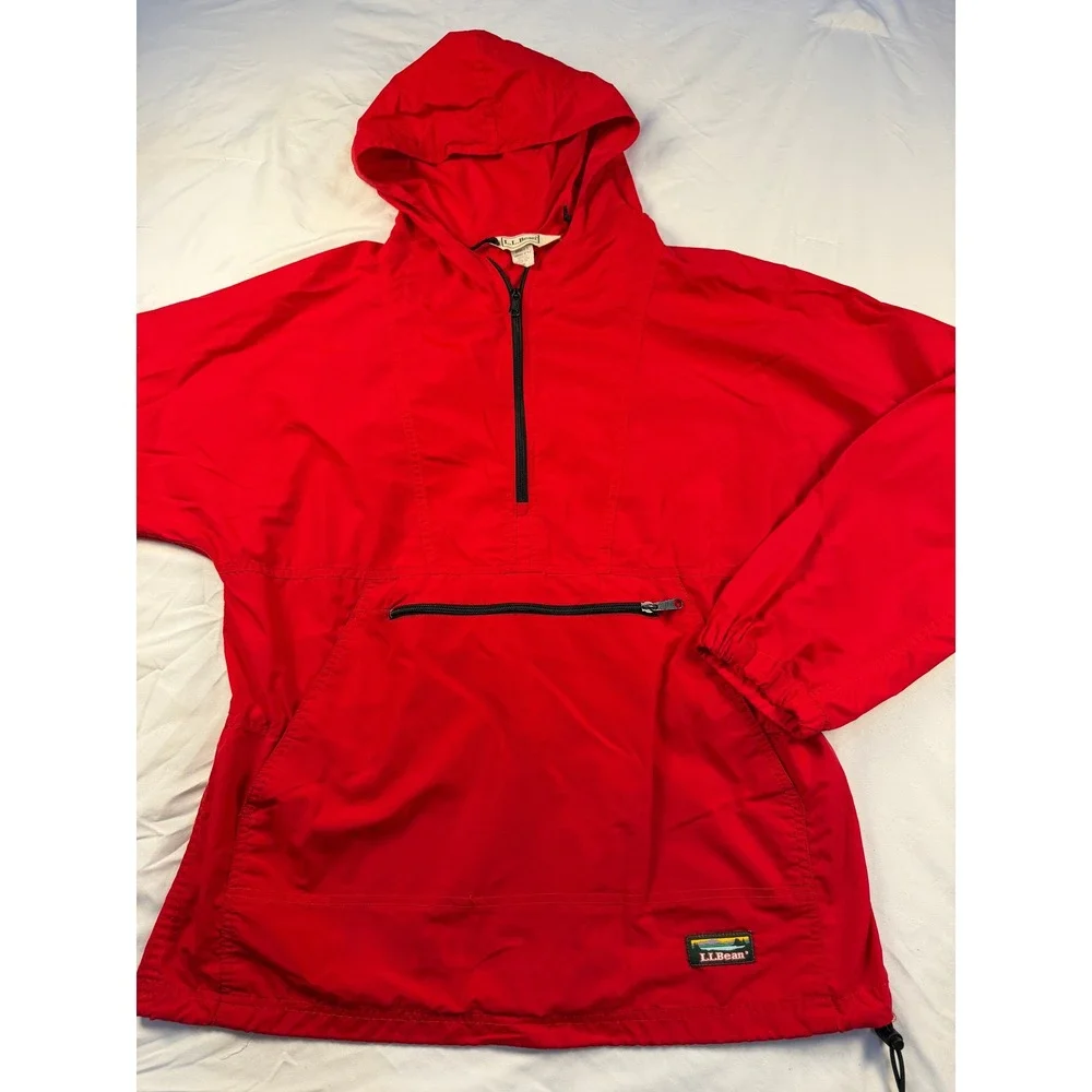 Vintage LL Bean Red Anorak Hoodie Pullover Jacket Hooded Pocket Drawstring‎ L
